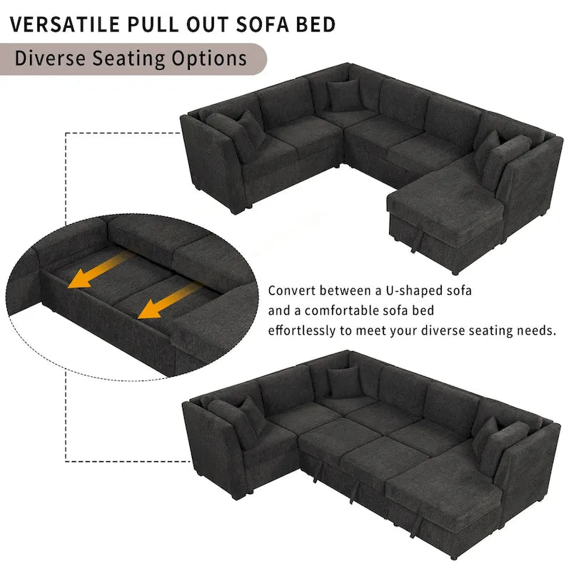 108.6 Chenille U-Shaped Sectional Sofa Bed with USB Ports, Storage Chaise, and 3 Back Pillows