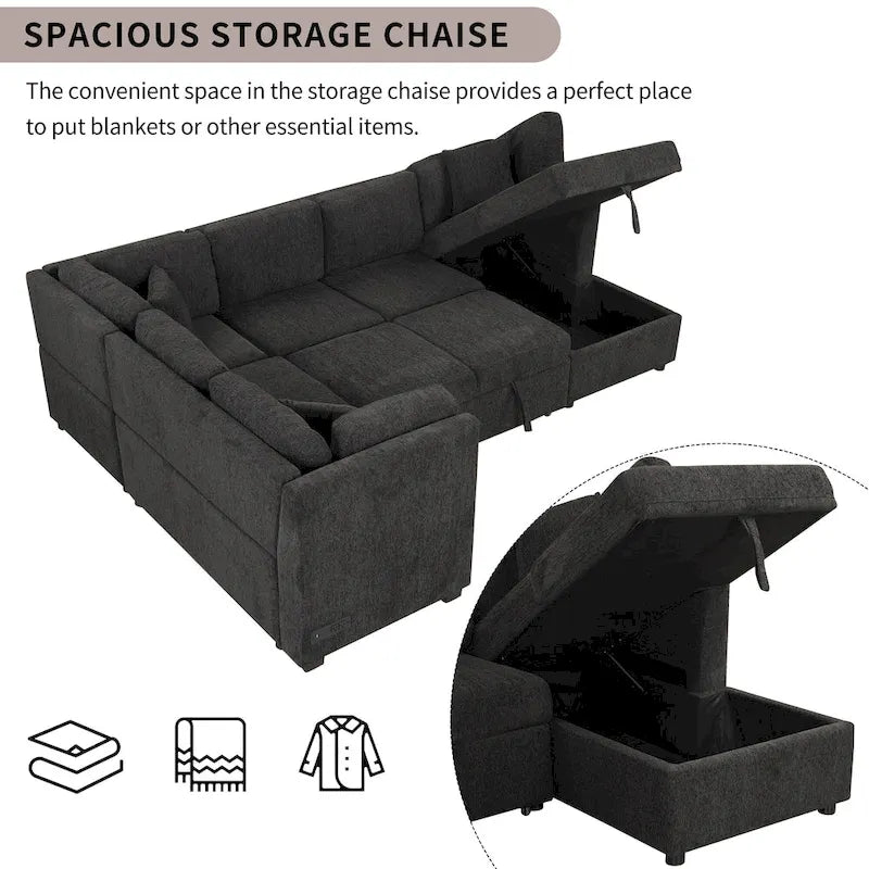 108.6 Chenille U-Shaped Sectional Sofa Bed with USB Ports, Storage Chaise, and 3 Back Pillows