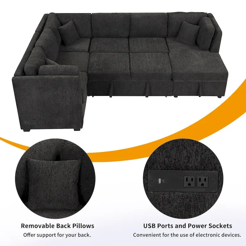 108.6 Chenille U-Shaped Sectional Sofa Bed with USB Ports, Storage Chaise, and 3 Back Pillows