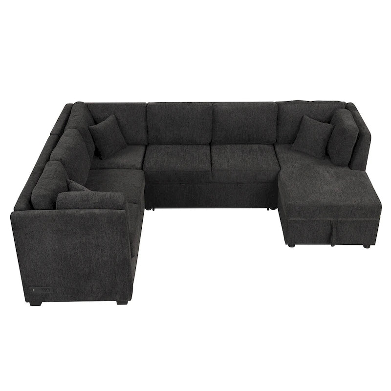 108.6 Chenille U-Shaped Sectional Sofa Bed with USB Ports, Storage Chaise, and 3 Back Pillows