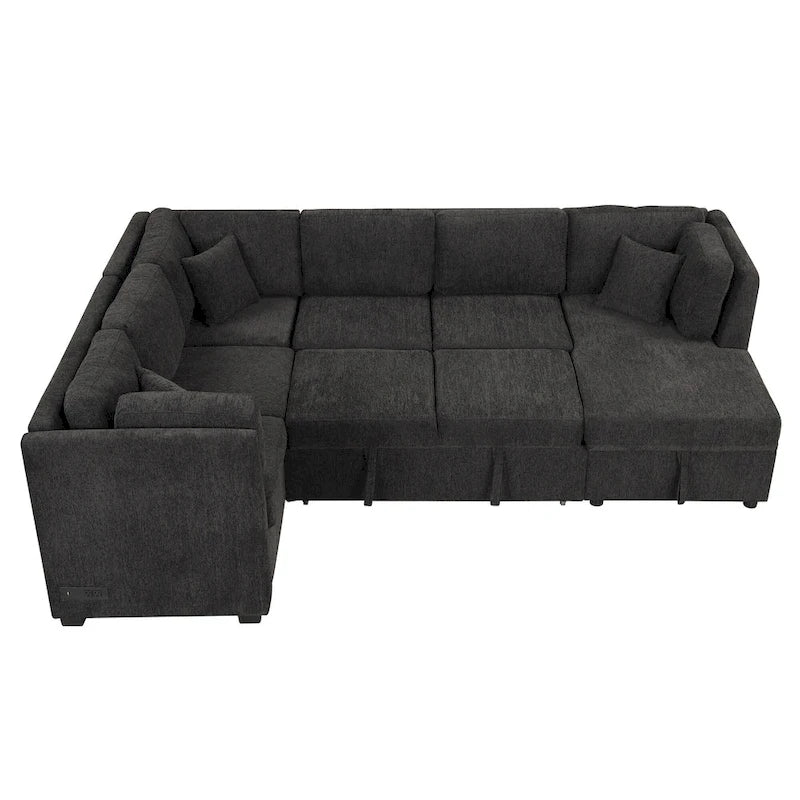 108.6 Chenille U-Shaped Sectional Sofa Bed with USB Ports, Storage Chaise, and 3 Back Pillows