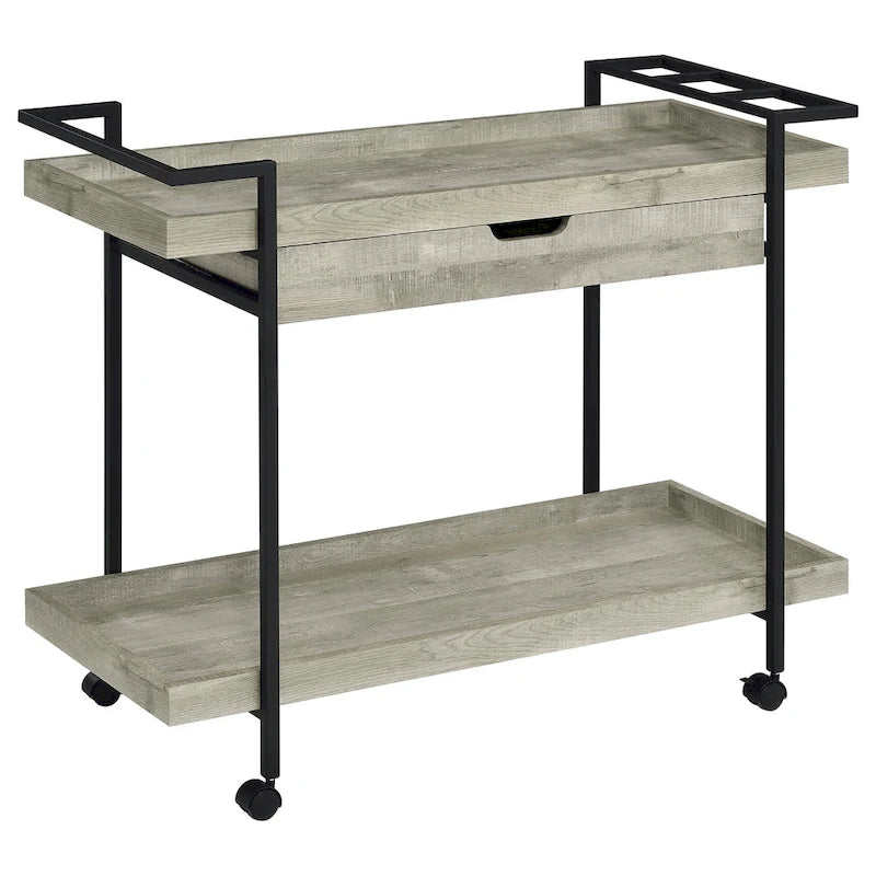 Tra 40 Inch Rolling Bar Cart, 2 Tier with Drawer, Gray Wood, Black Metal