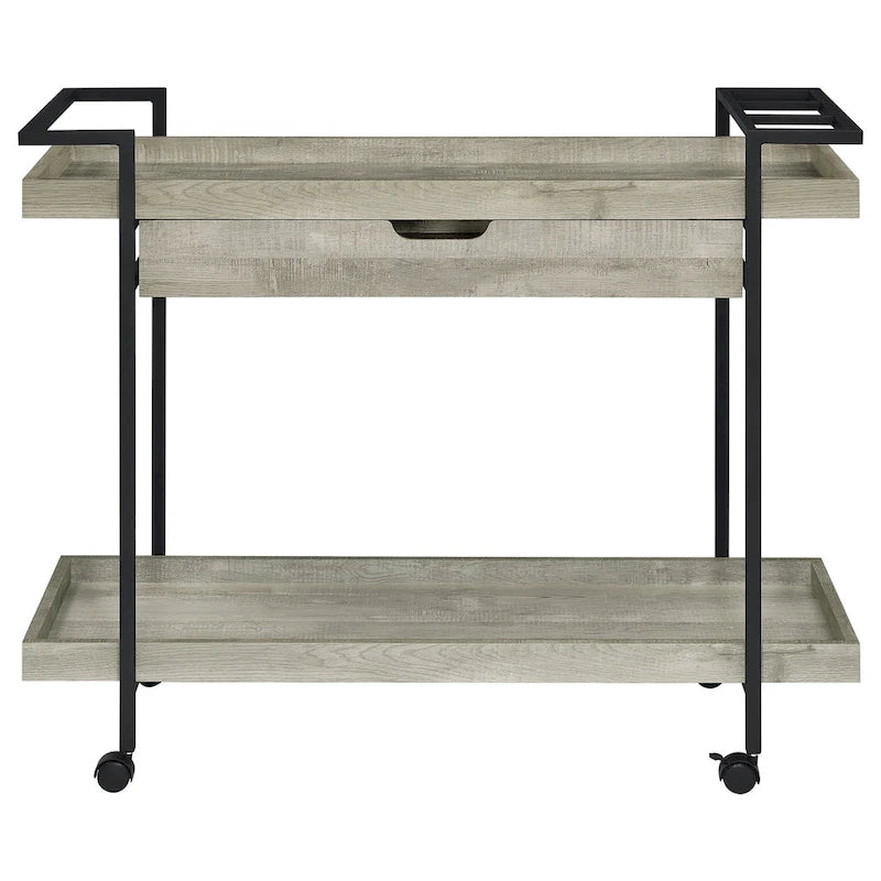 Tra 40 Inch Rolling Bar Cart, 2 Tier with Drawer, Gray Wood, Black Metal