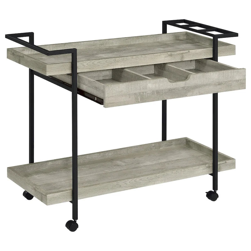 Tra 40 Inch Rolling Bar Cart, 2 Tier with Drawer, Gray Wood, Black Metal