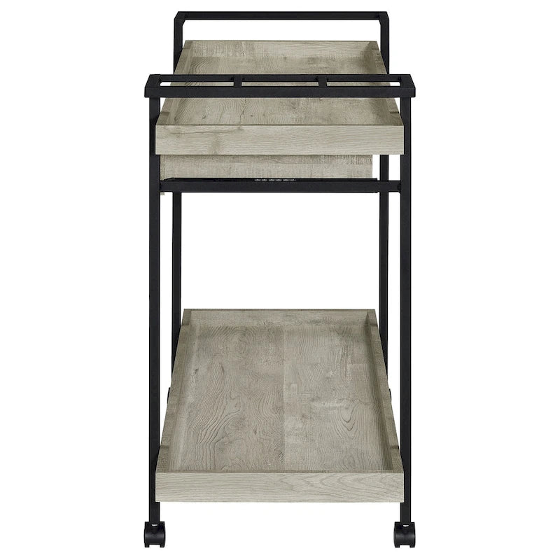 Tra 40 Inch Rolling Bar Cart, 2 Tier with Drawer, Gray Wood, Black Metal