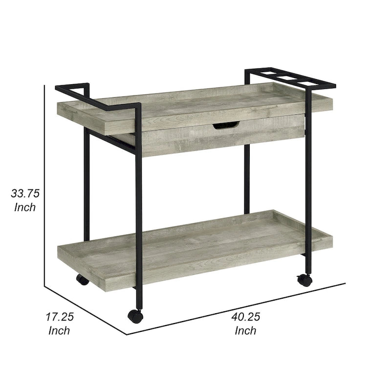 Tra 40 Inch Rolling Bar Cart, 2 Tier with Drawer, Gray Wood, Black Metal