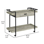 Tra 40 Inch Rolling Bar Cart, 2 Tier with Drawer, Gray Wood, Black Metal