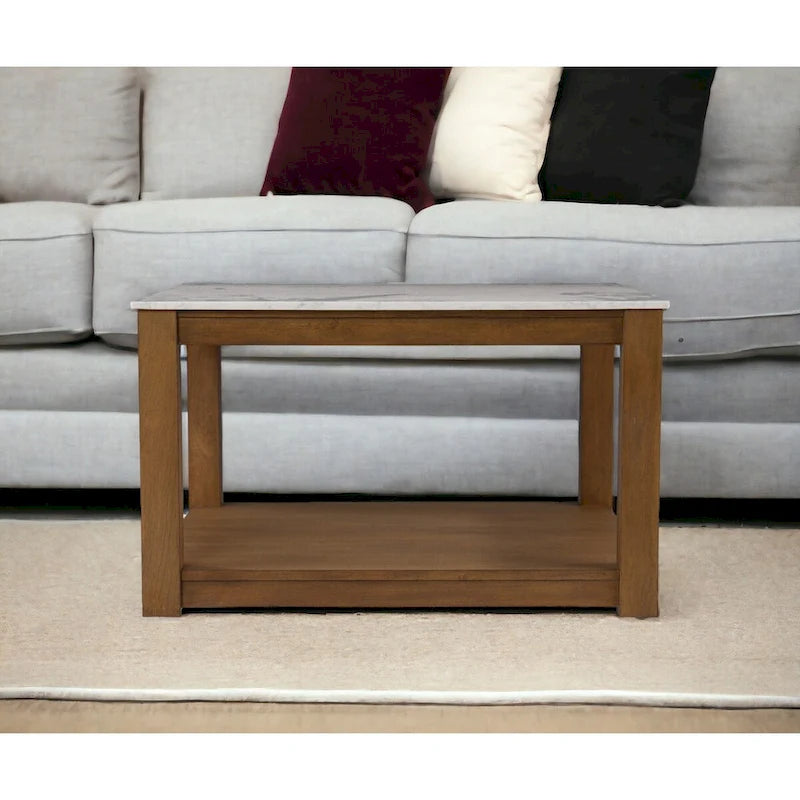 30 Contemporary Wooden Coffee Table with Faux Marble Top and Storage Shelves for Living Room - 18.25 H x 30 W x 30 D