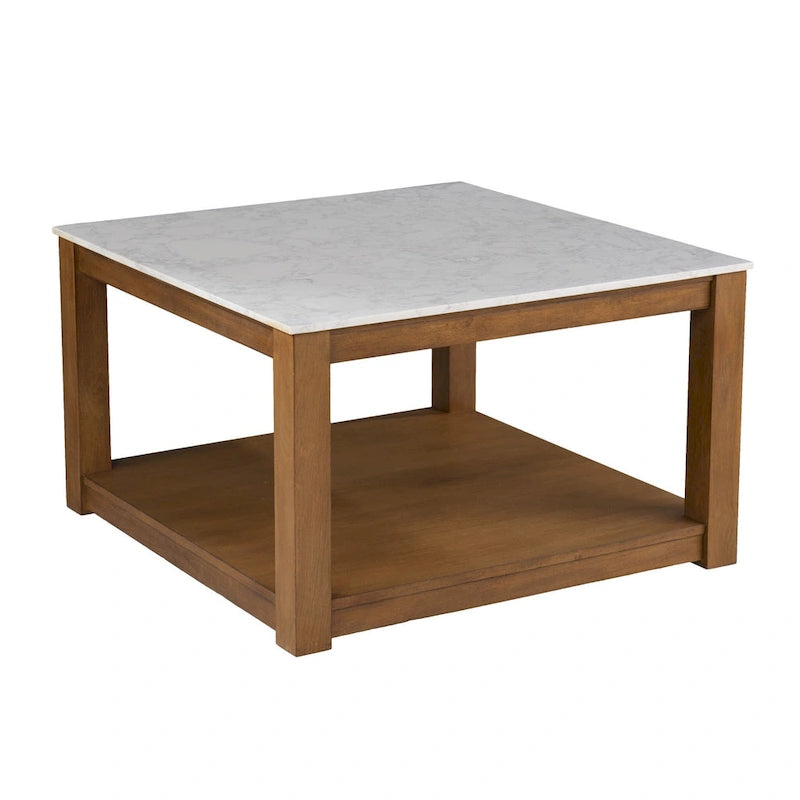 30 Contemporary Wooden Coffee Table with Faux Marble Top and Storage Shelves for Living Room - 18.25 H x 30 W x 30 D