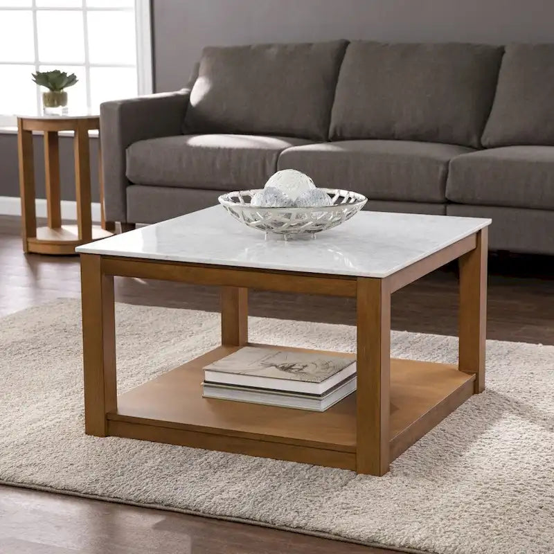 30 Contemporary Wooden Coffee Table with Faux Marble Top and Storage Shelves for Living Room - 18.25 H x 30 W x 30 D