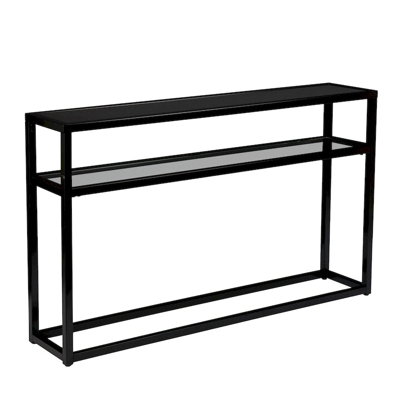 Black Glass Rectangular Console Table with Shelf and Metal Frame - 50.25 L x 10 W x 30.25 H