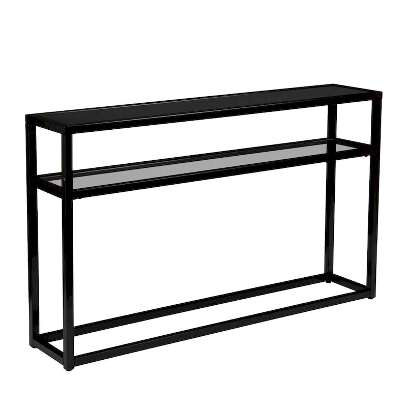 Black Glass Rectangular Console Table with Shelf and Metal Frame - 50.25 L x 10 W x 30.25 H