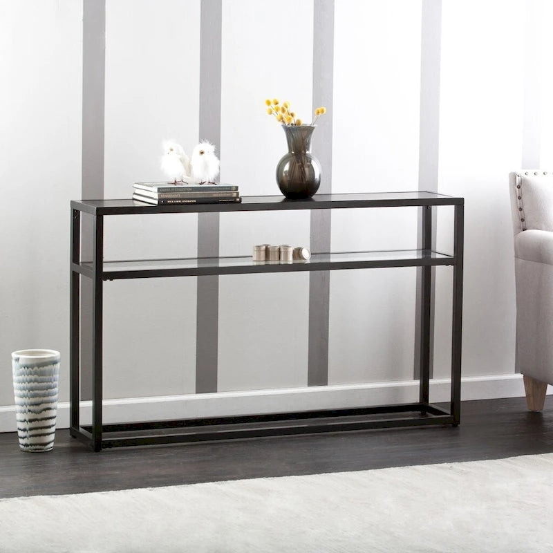 Black Glass Rectangular Console Table with Shelf and Metal Frame - 50.25 L x 10 W x 30.25 H