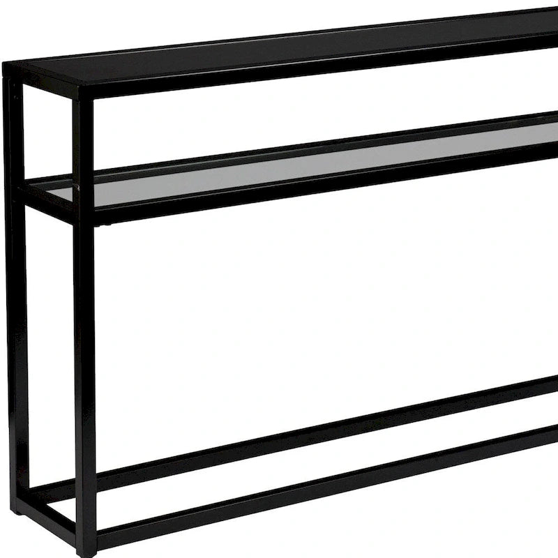 Black Glass Rectangular Console Table with Shelf and Metal Frame - 50.25 L x 10 W x 30.25 H