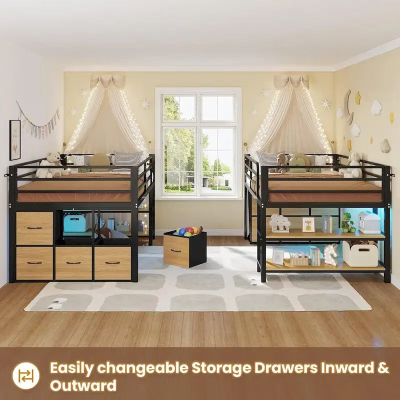 Twin Size Low Loft Bed with 6 Fabric Storage Drawers LED Lights