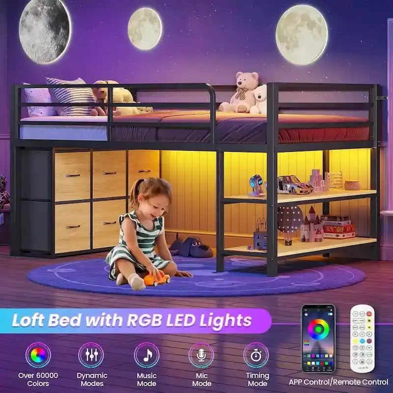 Twin Size Low Loft Bed with 6 Fabric Storage Drawers LED Lights