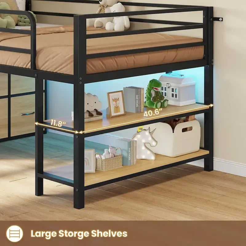 Twin Size Low Loft Bed with 6 Fabric Storage Drawers LED Lights
