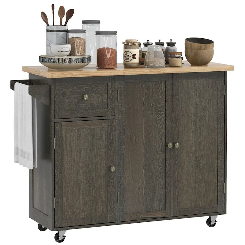 Triple-Cabinet Rolling Kitchen Island On Wheels(no include stool)