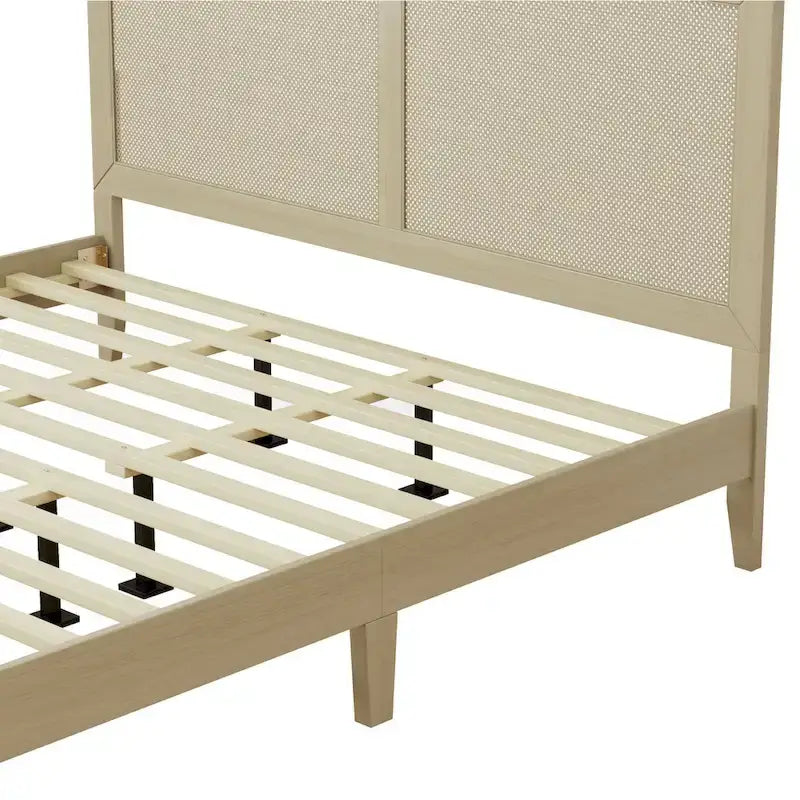 Solid Wood Platform King Bed With Rattan