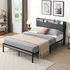 Full Size Metal Platform Bed with Upholstery Storage Function Headboard and Usb Liner