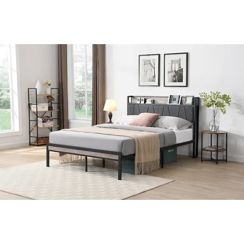 Full Size Metal Platform Bed with Upholstery Storage Function Headboard and Usb Liner