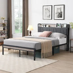 Full Size Metal Platform Bed with Upholstery Storage Function Headboard and Usb Liner