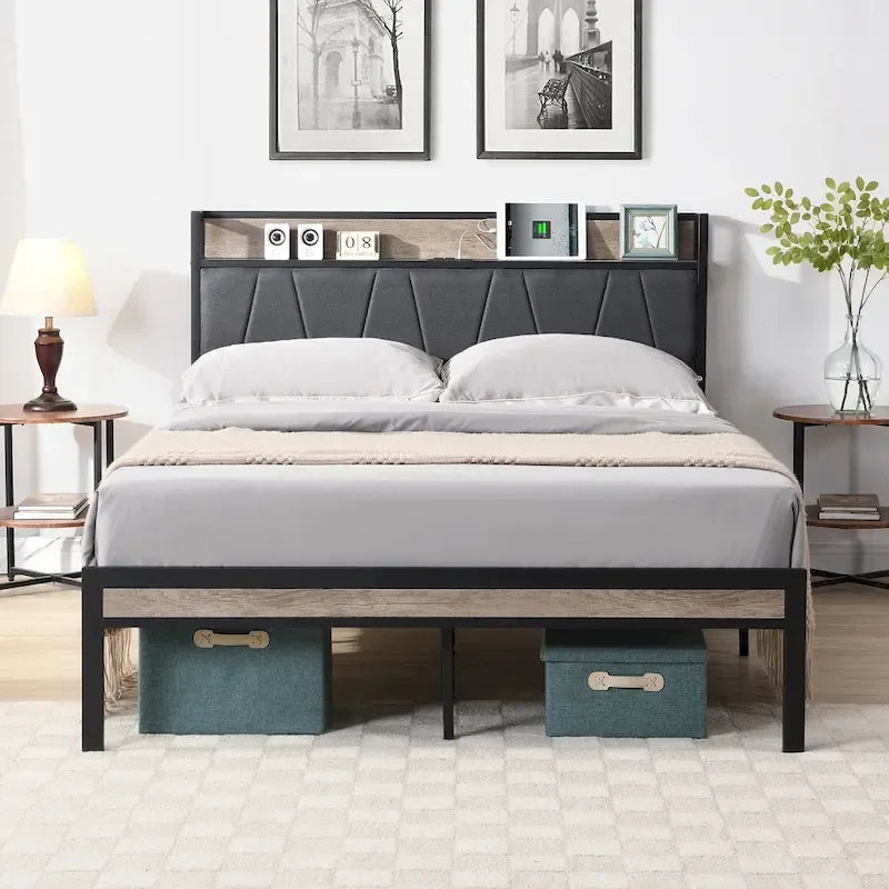 Full Size Metal Platform Bed with Upholstery Storage Function Headboard and Usb Liner