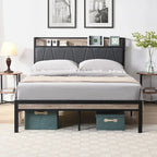 Full Size Metal Platform Bed with Upholstery Storage Function Headboard and Usb Liner