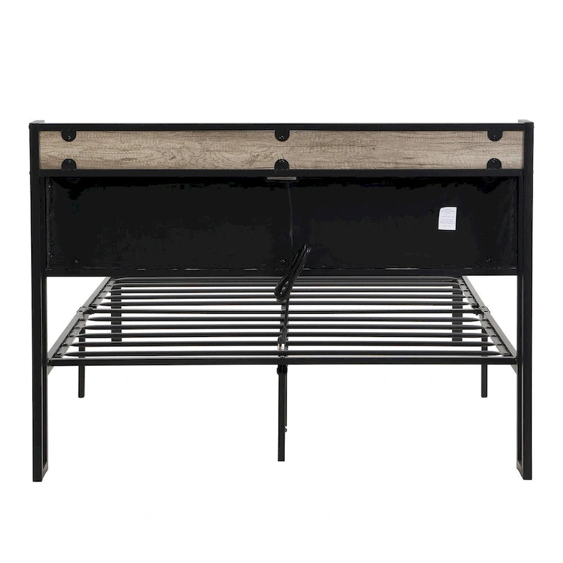 Full Size Metal Platform Bed with Upholstery Storage Function Headboard and Usb Liner