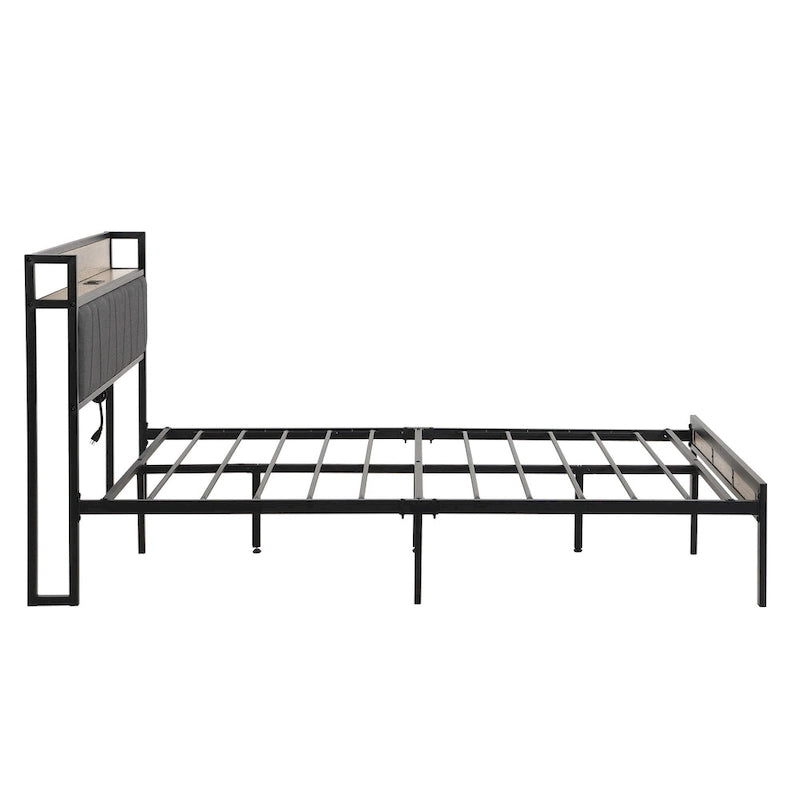 Full Size Metal Platform Bed with Upholstery Storage Function Headboard and Usb Liner