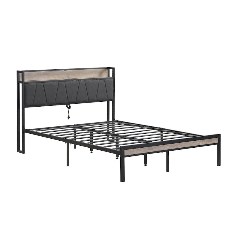 Full Size Metal Platform Bed with Upholstery Storage Function Headboard and Usb Liner