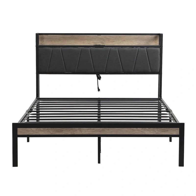Full Size Metal Platform Bed with Upholstery Storage Function Headboard and Usb Liner