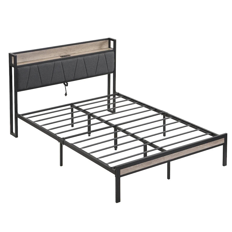 Full Size Metal Platform Bed with Upholstery Storage Function Headboard and Usb Liner