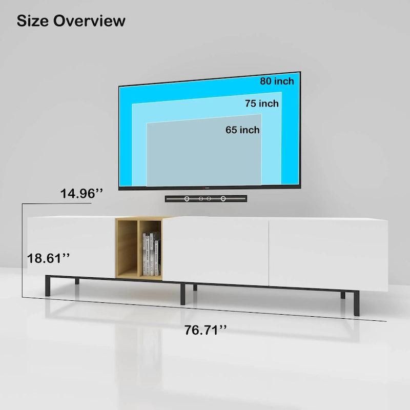 White 77 TV Console with Big Storage & Built-in Socket for TVs Up to 70