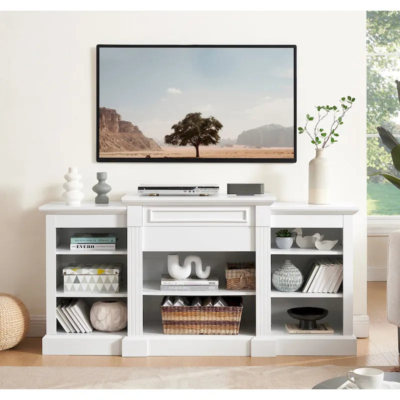 White 66 TV Stand with Large Cabinet & Adjustable Shelves for TVs Up to 65