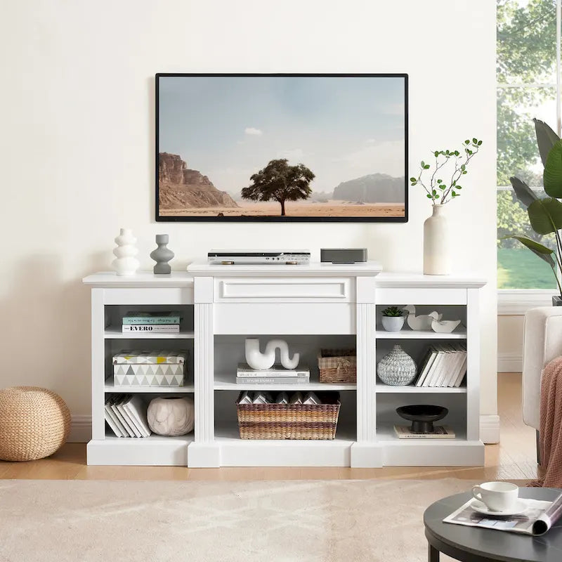 White 66 TV Stand with Large Cabinet & Adjustable Shelves for TVs Up to 65