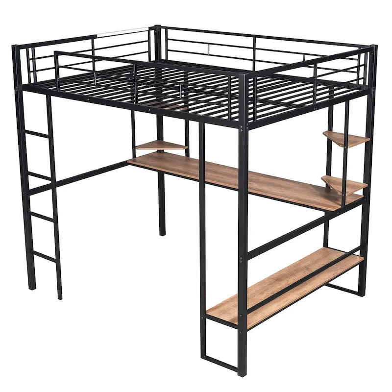 Black Full Size Metal Loft Bed with Long Desk and Shelves for Kids, Boys and Girls