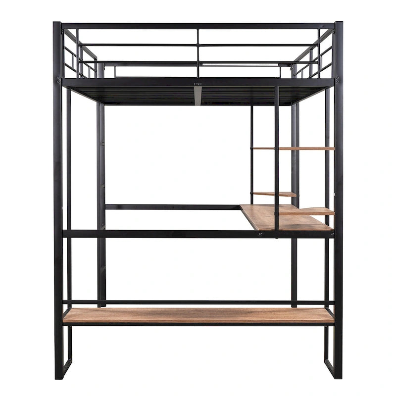 Black Full Size Metal Loft Bed with Long Desk and Shelves for Kids, Boys and Girls