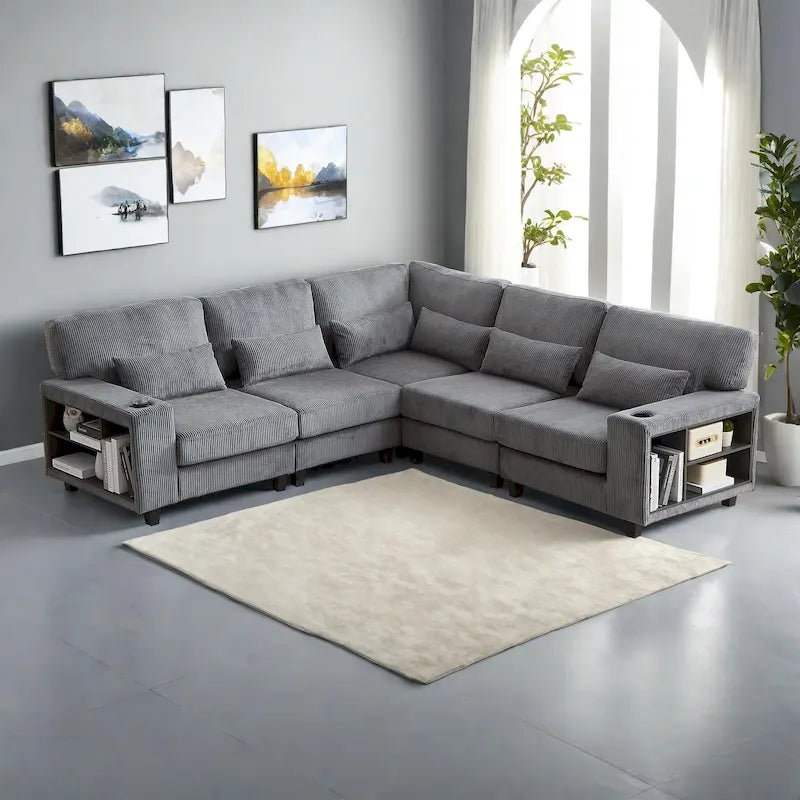 102.75 Corduroy L-Shaped Modular Sectional Sofa with Storage and Cup Holder