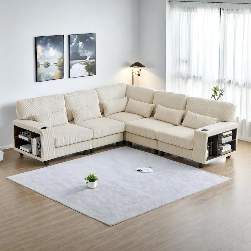 102.75 Corduroy L-Shaped Modular Sectional Sofa with Storage and Cup Holder