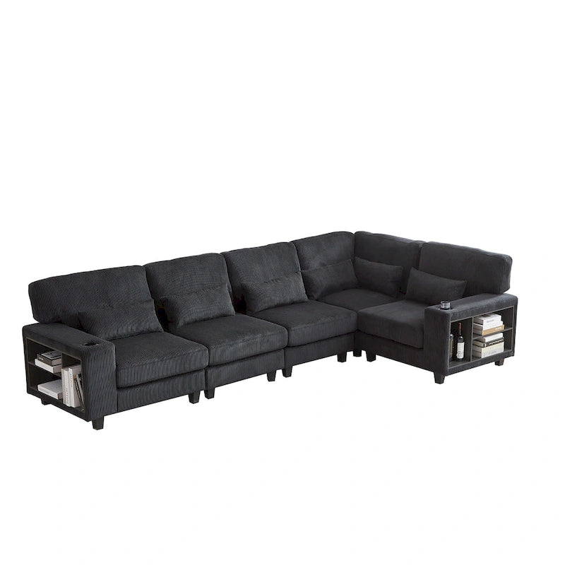 102.75 Corduroy L-Shaped Modular Sectional Sofa with Storage and Cup Holder