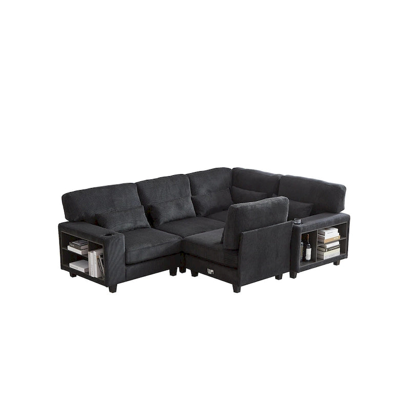 102.75 Corduroy L-Shaped Modular Sectional Sofa with Storage and Cup Holder