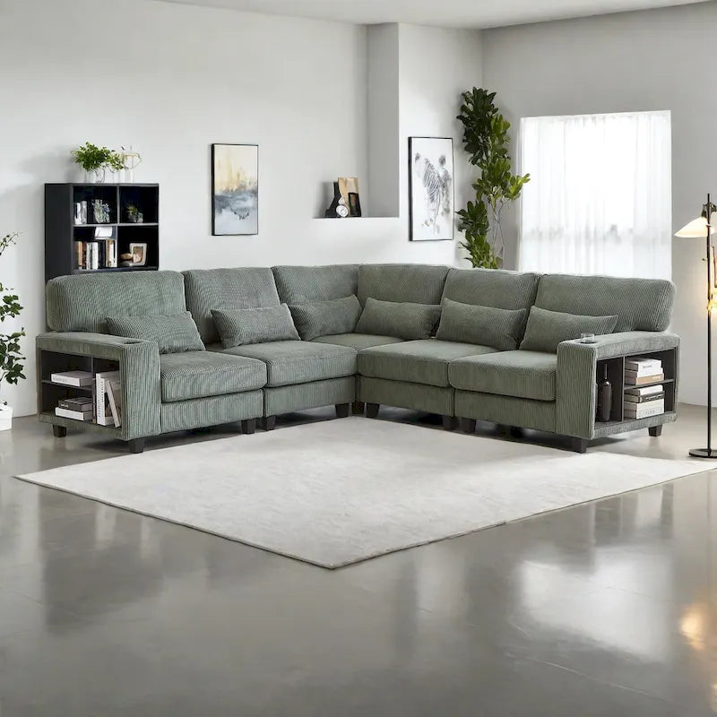 102.75 Corduroy L-Shaped Modular Sectional Sofa with Storage and Cup Holder