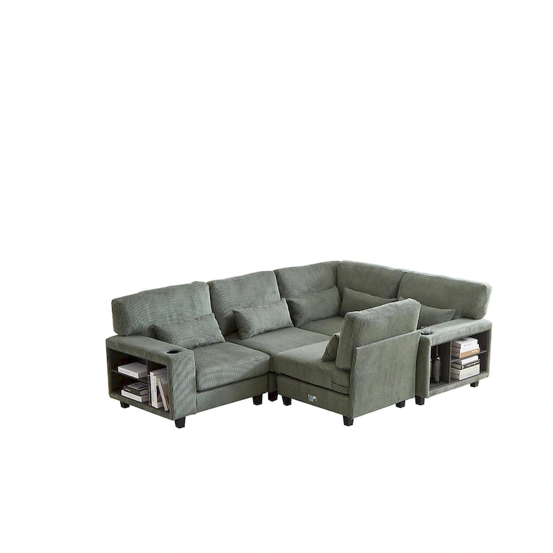 102.75 Corduroy L-Shaped Modular Sectional Sofa with Storage and Cup Holder