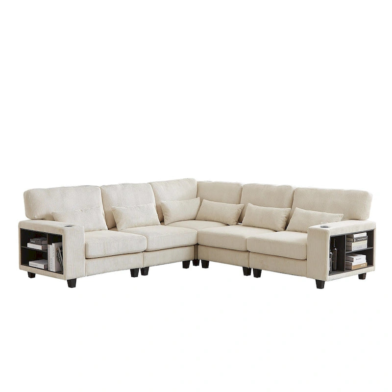 102.75 Corduroy L-Shaped Modular Sectional Sofa with Storage and Cup Holder