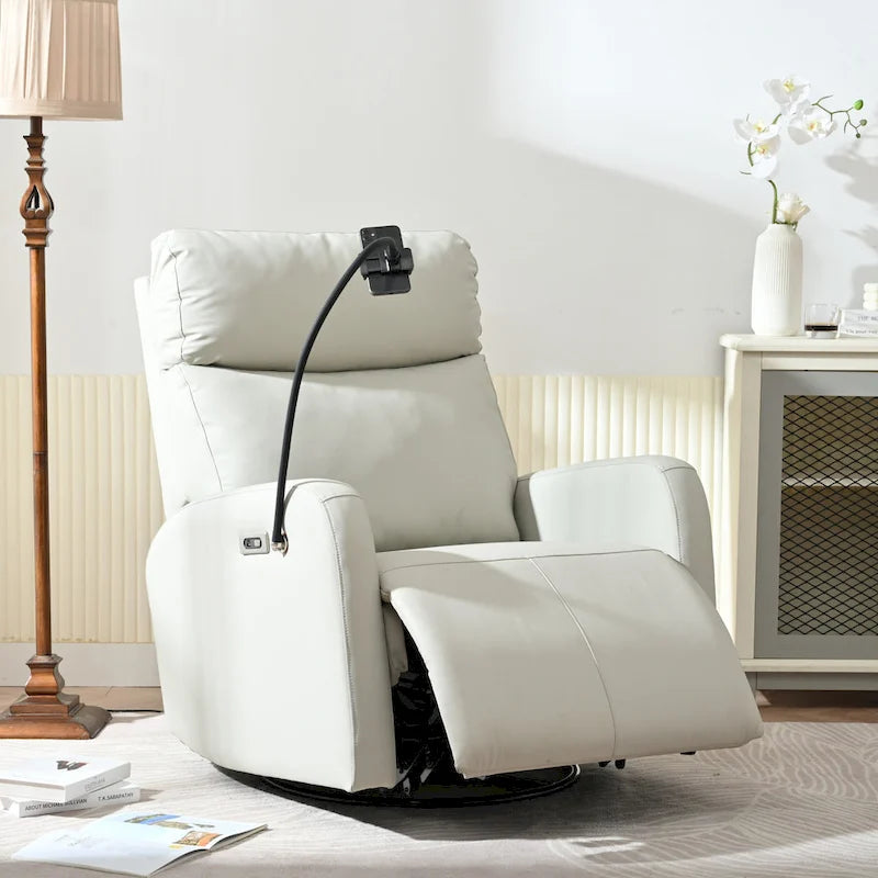 Grey Power Recliner with Swivel, USB Ports & Adjustable Footrest