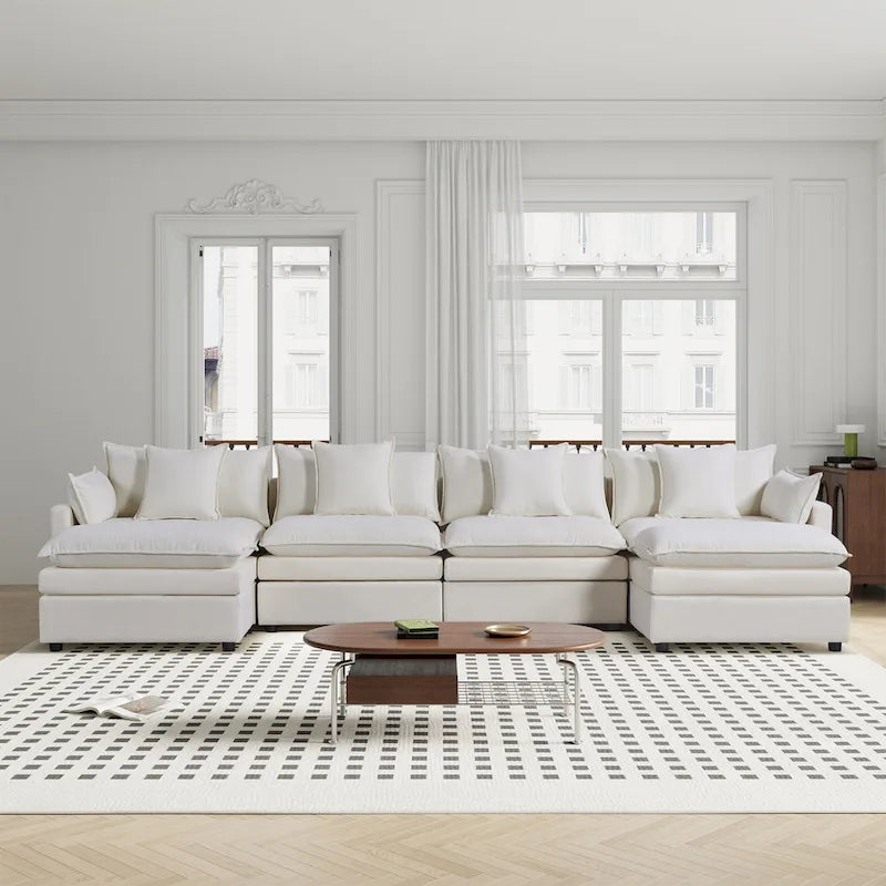 White 142.52 U-Shaped 6 Seater Sectional Sofa with Convertible Chaise and Ottomans, Spacious Cloud Couch