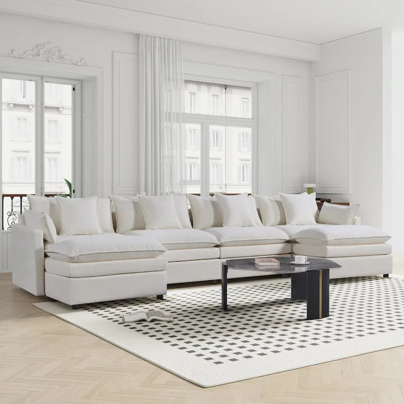 White 142.52 U-Shaped 6 Seater Sectional Sofa with Convertible Chaise and Ottomans, Spacious Cloud Couch