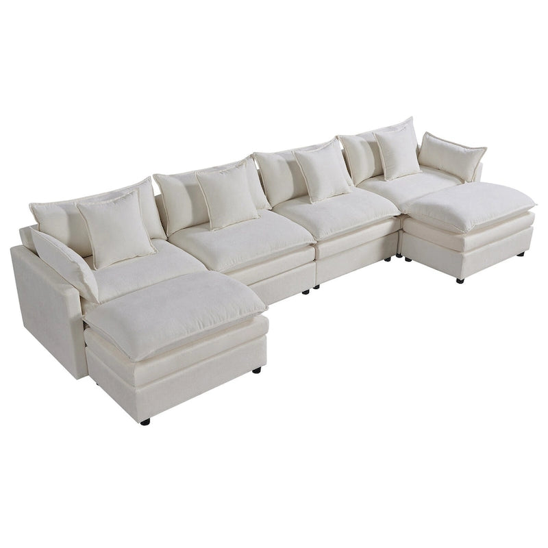 White 142.52 U-Shaped 6 Seater Sectional Sofa with Convertible Chaise and Ottomans, Spacious Cloud Couch