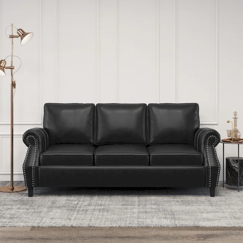 Black Modern 80 Faux Leather 3-seater Sofa with Birch Wood Legs and Nailheads for Living Room